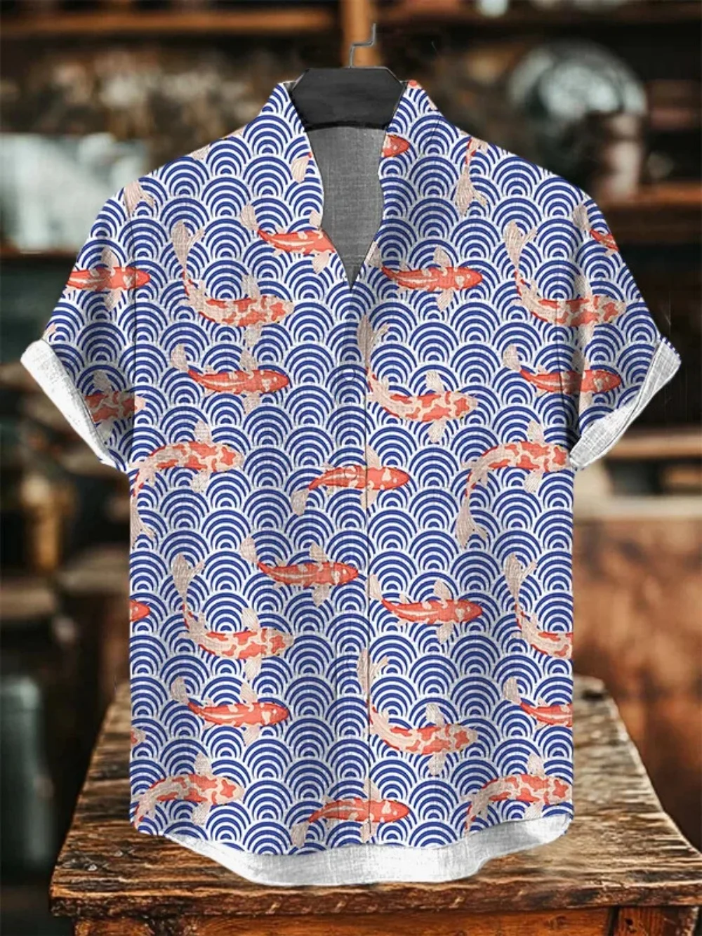 

New men's short sleeved shirt, vintage fish print men's shirt, summer men's breathable cardigan button up shirt