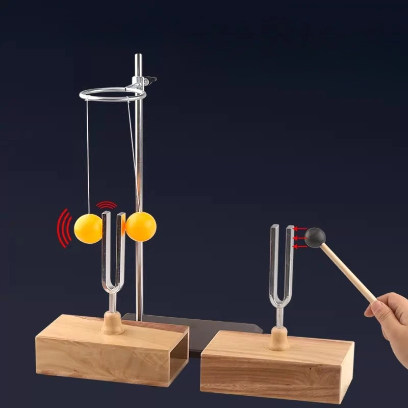 440Hz Resonance Tuning Fork 1 Pair - Physics Acoustic Experiment Kit with Wooden Base & Rubber Mallet & Suspended Ping Pong Ball