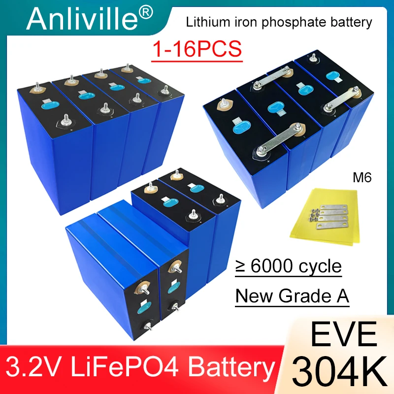 

1-16PCS A-level EVE 3.2V 304Ah 304K rechargeable lithium iron phosphate battery DIY 12V 24V golf cart, solar boat, RV
