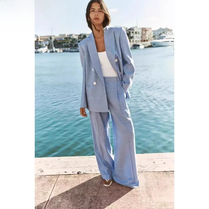 

Women's Summer 2024 Double Breasted Suit Jaet with oulder Pads Wide Leg Pants Long Sve Polyester Busin Casual