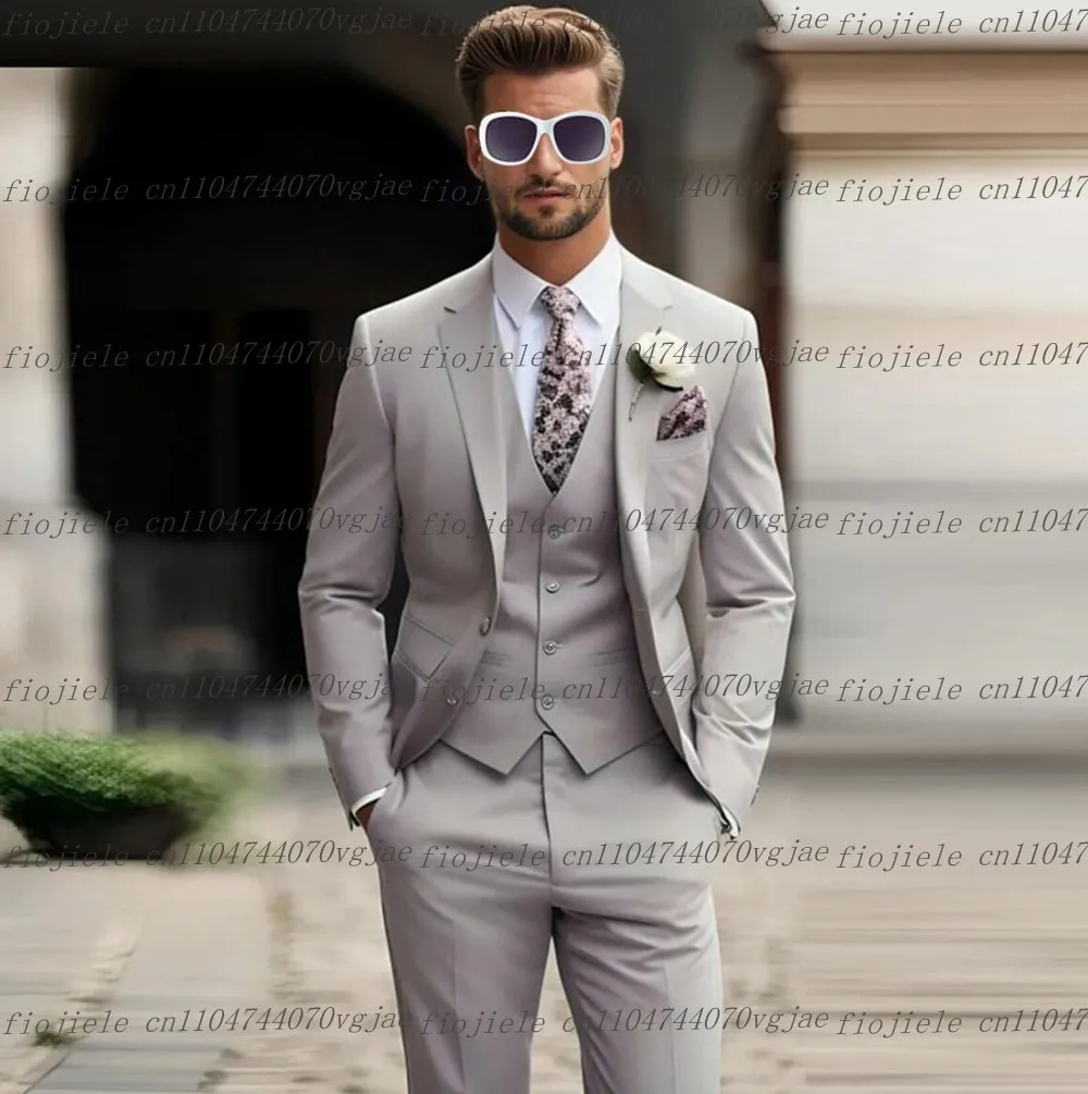 

New Grey Men Suit Formal Wedding Party Groom Groomsman Business Male Tuxedos Customized 3 Piece Set Jacket Vest Pants