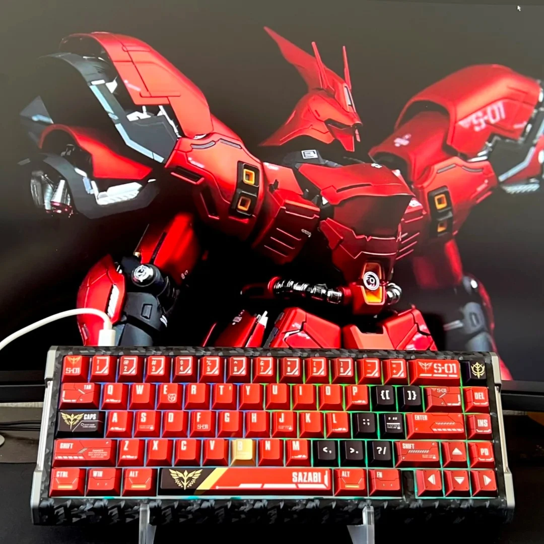 Anime Gundam SAZABI Red Keycaps128-Key Metal Paint PBT Sublimation Cherry Profile Keycap Set for MX-Switch Mechanical Keyboards