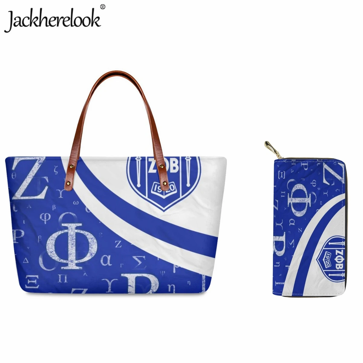 Jackherelook Fashion New Zeta Phi Beta Sorority 1920 Design Ladies Handbag Set Classic Shopping Shoulder Bag PU Wallet 2pcs