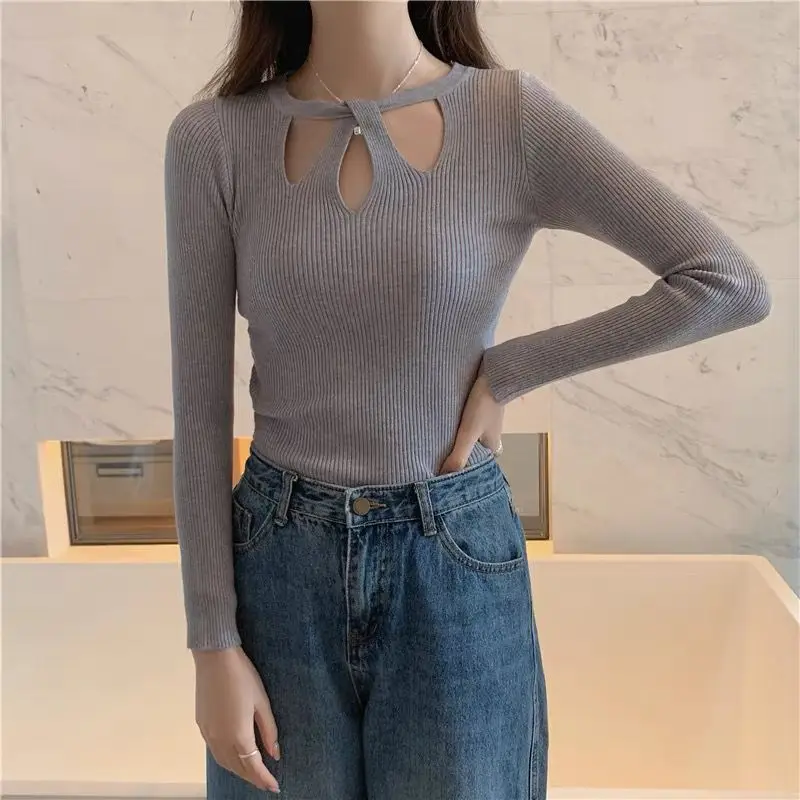 Autumn Winter Simplicity Hollow Out Knitting O-neck Long Sleeve Sweater Ladies Fashion Slim All-match Top Tee Women Clothing