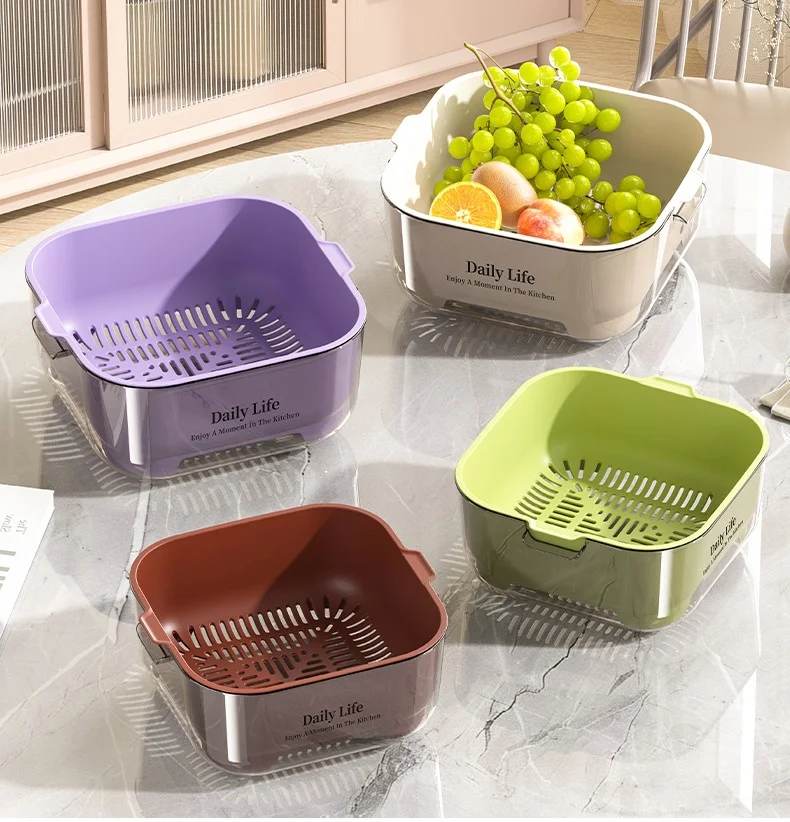 Double Layer Vegetable Wash Basin Large Colander Basket Set for Fruits, Veggies & Rice, Includes Outer Bowl and Inner Strainer