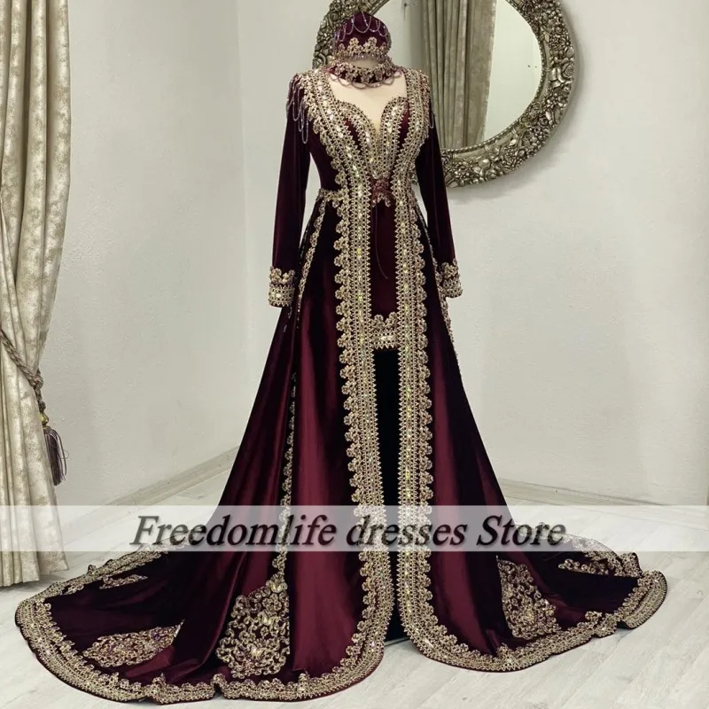 Two Pieces Burgundy Evening Dresses Long Sleeve Appliques Moroccan Kaftan Arabic Prom Gowns Customized vestidos de gala