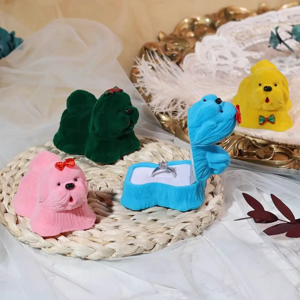 

Lovely Velvet Rings Box Bright Color Dog Shape Rings Earrings Storage Box Home Decor Bowknot Cartoon Jewelry Box Jewelry Storage