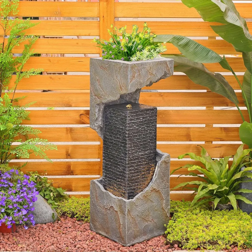 

35.4Inch Water Fountains Indoor Waterfall with Lights Pump, Outdoor Garden Waterfalls Floor Standing Fountain for Patio Backyard