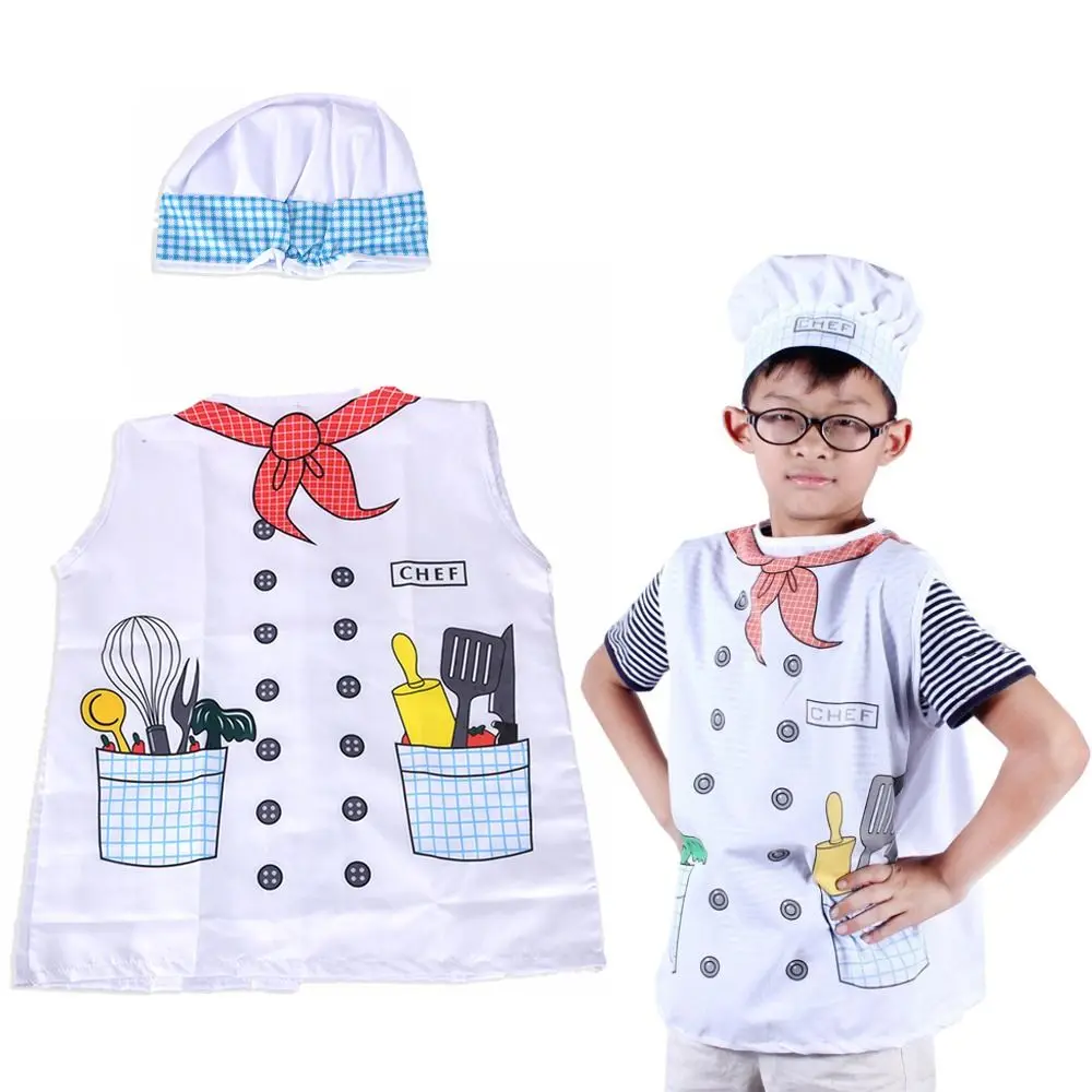 Cartoon Pattern Kids Toy Chef Uniform with Cap White Kids Cooking Toy Clothes Role Play Cosplay Kitchen Playing House Toy