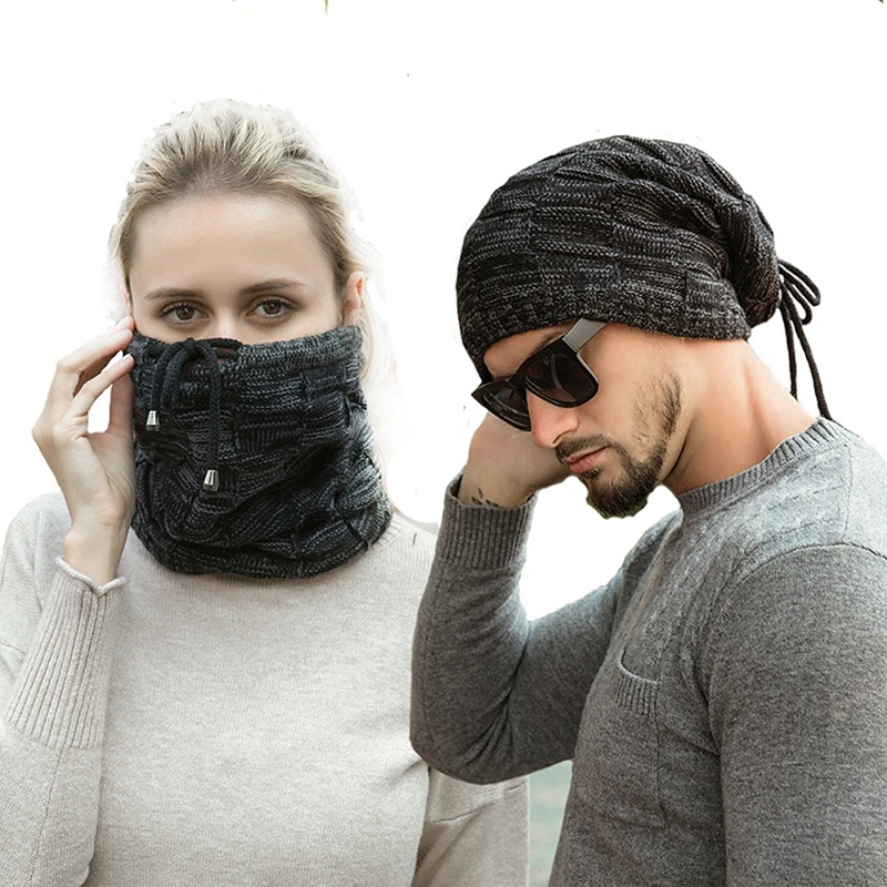 Autumn Winter Warm Knit Hat Bobble Hats Men Women Bandana Baotou Drawstring Cap Scarf Thick Warm Soft Beanie Skullies Head Neck