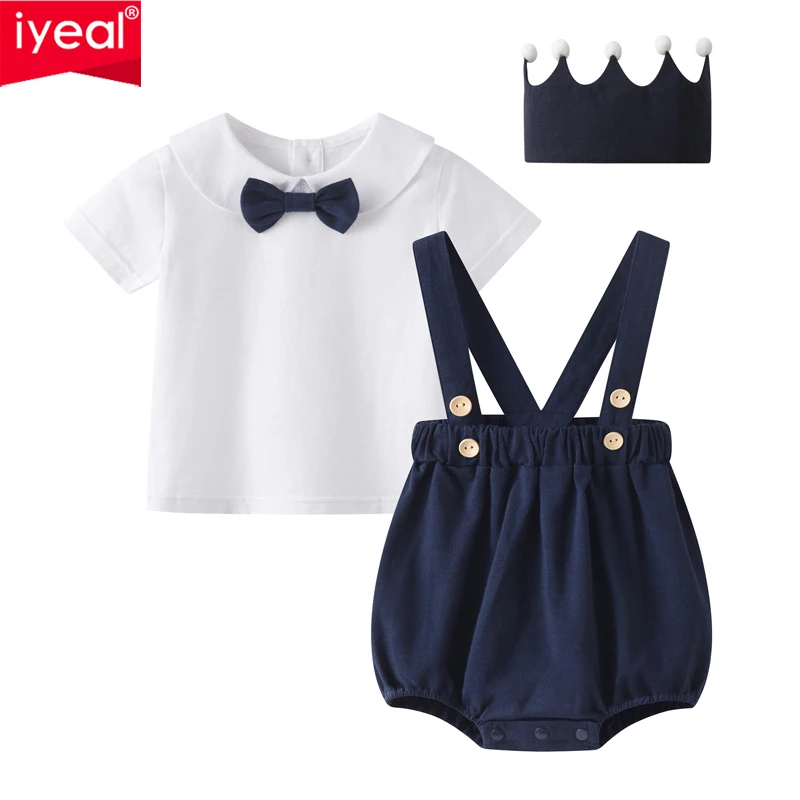 IYEAL New Baby Boys Set Gentleman's Bow Tie White T-shirt+Strap Shorts+Crown Headband 3-Pcs Full Moon 1-Year Old Photo Suit