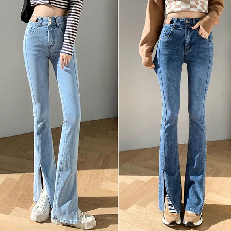 Korean Vintage Split Skinny Flare Jeans Women High Waist Stretch Casual Boot Cut Denim Pants Solid Streetwear Slim Vaqueros New