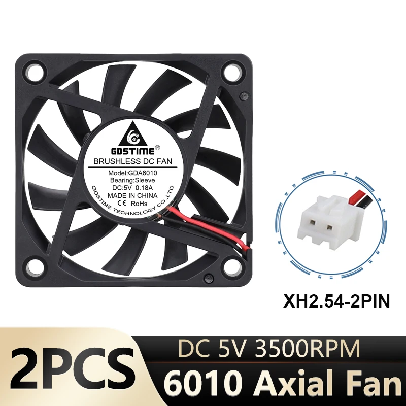 2Pcs Gdstime 6010 2Pin Case Motor Cooling Fan 6CM 60mm Computer Axial Fan 60x60x10mm Mini DC 5V Equipment Processor Cooling Fan