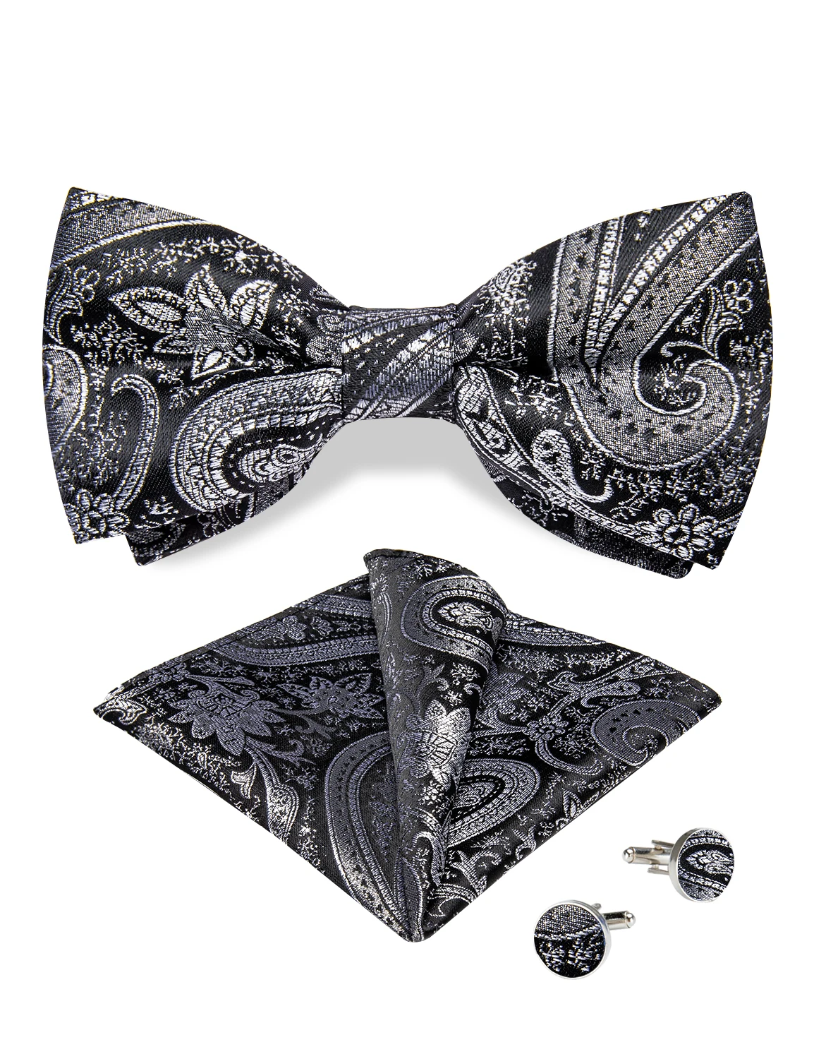 ใหม่เอี่ยมสีเทา Bowties สำหรับผู้ชายงานแต่งงานธุรกิจ Baju Pesta Accesoories แฟชั่น Paisley Pre-Tied Bow Tie Pocket Square Cufflinks