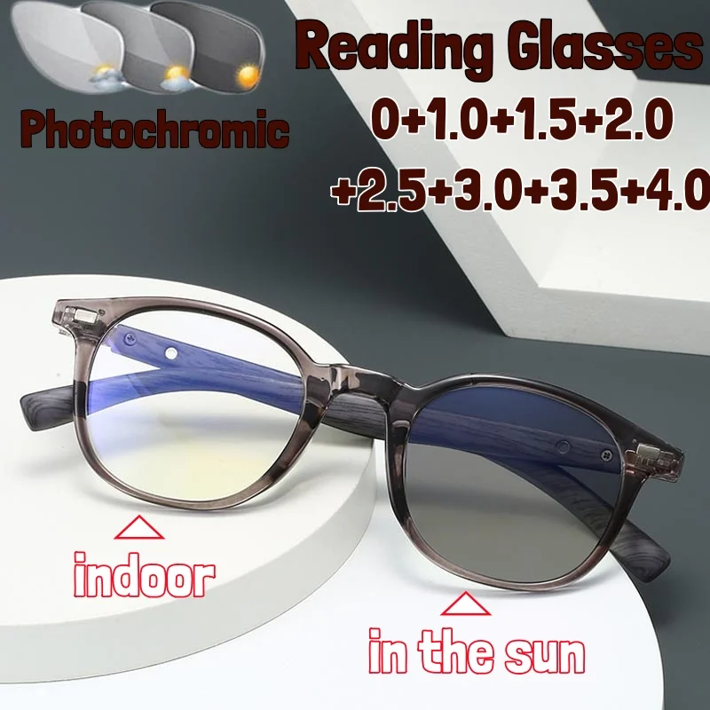

Luxury Designer Photochromic Reading Glasses Men Fashion Square Frame Wood Leg Anti Blue Light Color Changing Presbyopia Glasses