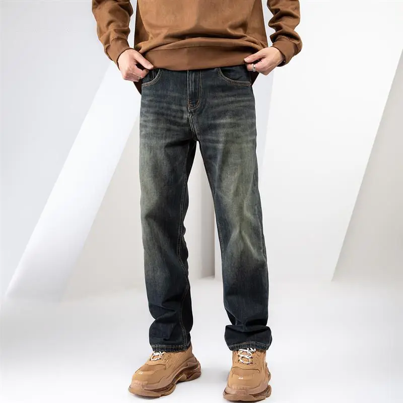 

High-End Cotton Elastic Men's Jeans Spring Autumn Loose Straight Leg Fleece Long Trousers American Retro Style Casual Jeans
