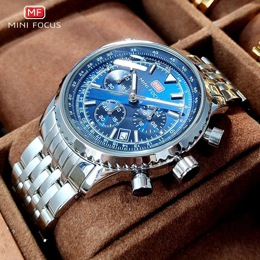 MINI FOCUS 2026 Silver Blue Quartz Watch for Men Waterproof 24-hour Chronograph Wristwatch with Auto Date Stainless Steel Strap