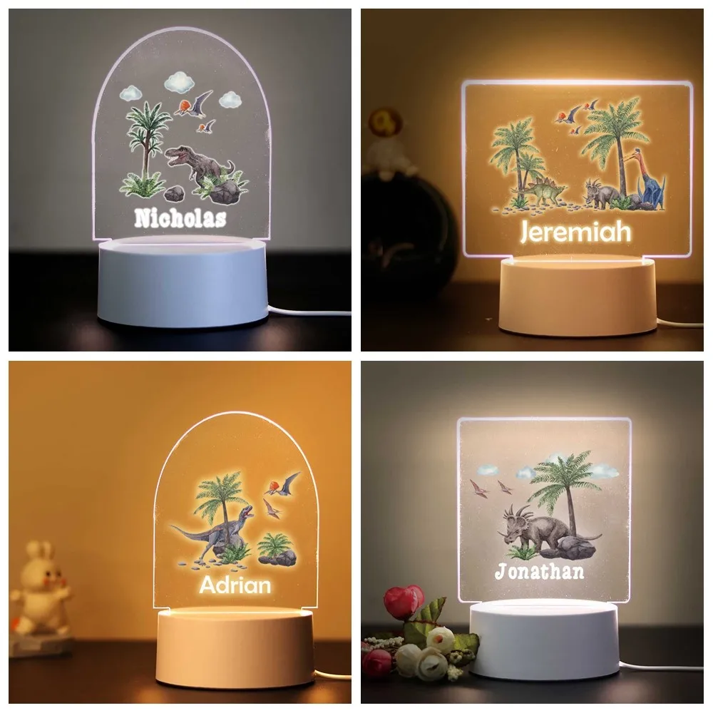 Lâmpada noturna para quarto de crianças, dinossauro personalizado, decoração visual, urso, elefante, luz acrílica com nome, presente de aniversário