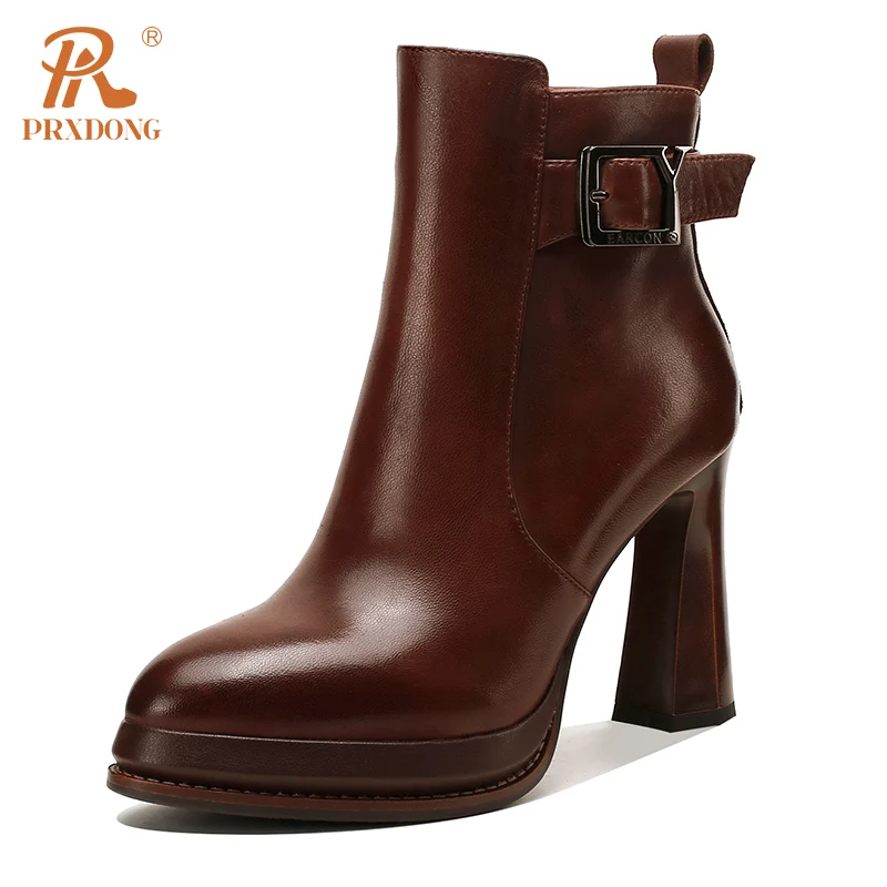 PRXDONG New Classics Genuine Cow Leather Shoes Woman Ankle Boots High Heels Platform Autumn WInter Warm Dress Party Work Shoes