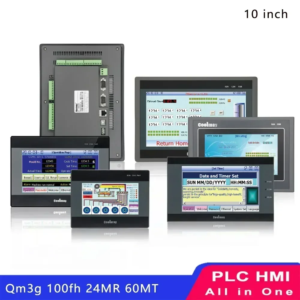 Coolmay HMI PLC 10 Inch All in One Qm3g 100fh 24MR 44MT 60MT 60MRT Integrated with Ethernet 485p Compatible with FX3G/FX3U/FX3S