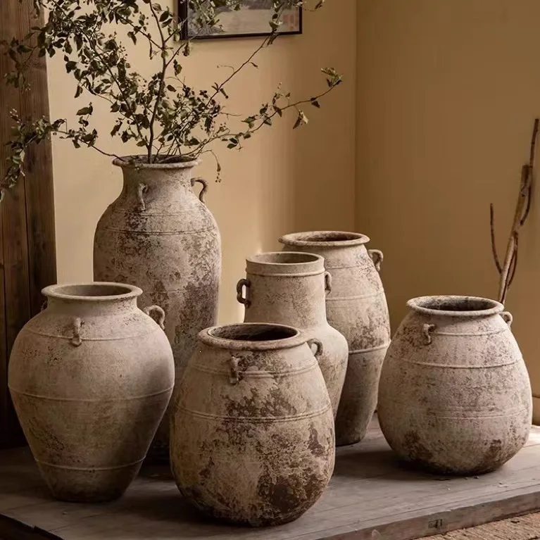YFY Jingdezhen handmade retro wabi sabi coarse pottery jar antique dried  arrangement ceramic floor-to-ceiling Zen style