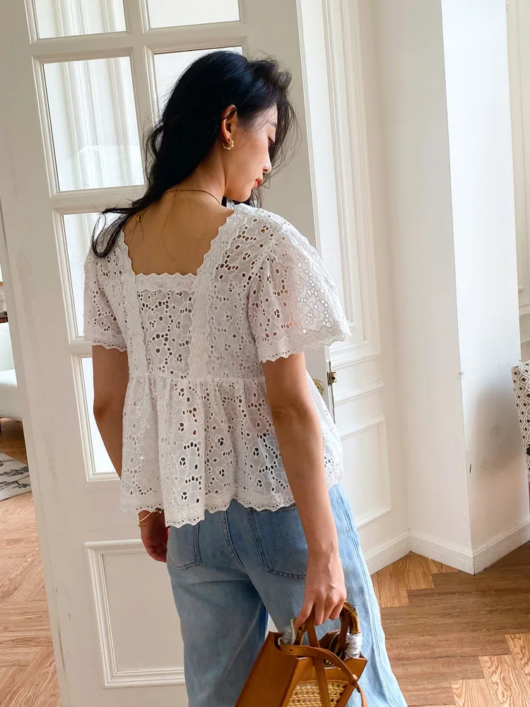 GypsyLady Summer Chic Embroidery Blouse Shirt Hollow Out Boho Vintage 100% Cotton Sheer Sexy Blouse Holiday Women Casual Tops