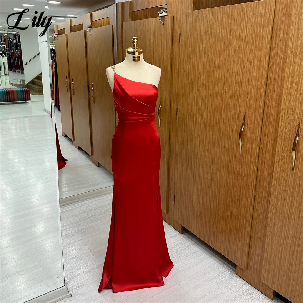 Lily Simple Red فساتين السهر One Shoulder Mermaid Prom Dresses Fashion Sexy Open Back Evening Dresses Slim Fit Satin Party Dress