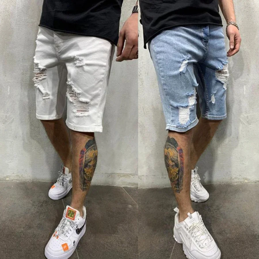 2024 Men\'s Summer Ripped Jeans Shorts Fashion Denim Shorts Pants Male High Stretch Streetwear Men\'s Short Jeans Slim Fit Shorts