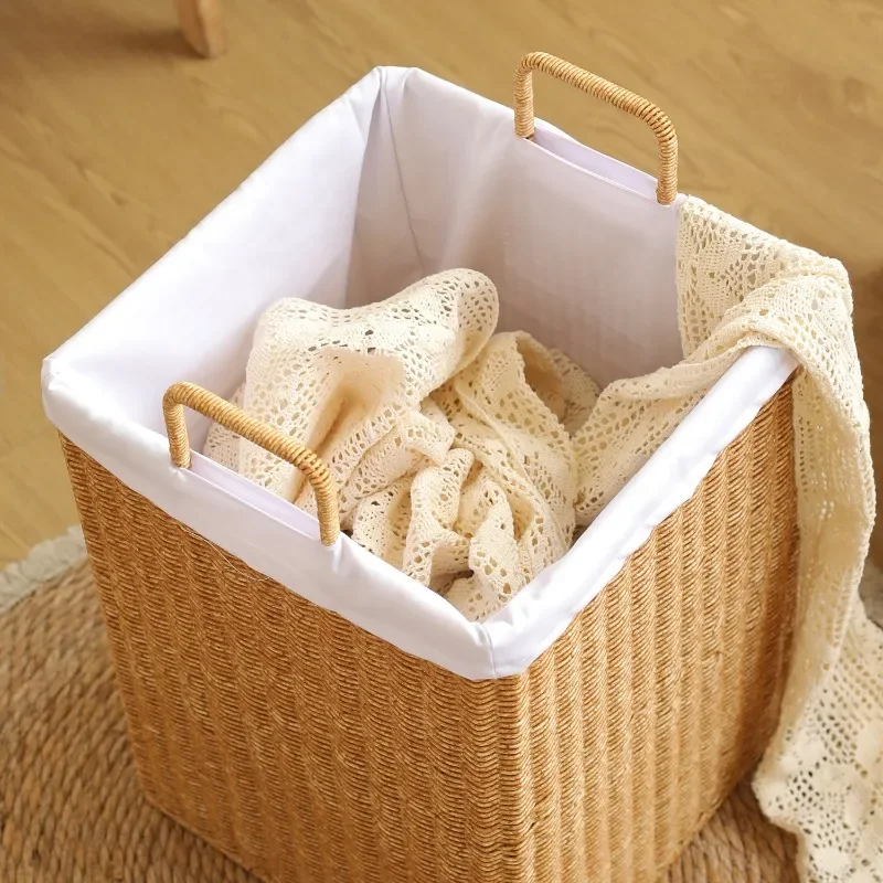 Nordic Imitation Rattan Laundry Basket Square Woven Hamper Storage Bin for Clothes & Toys Home Organization Basket with Handles