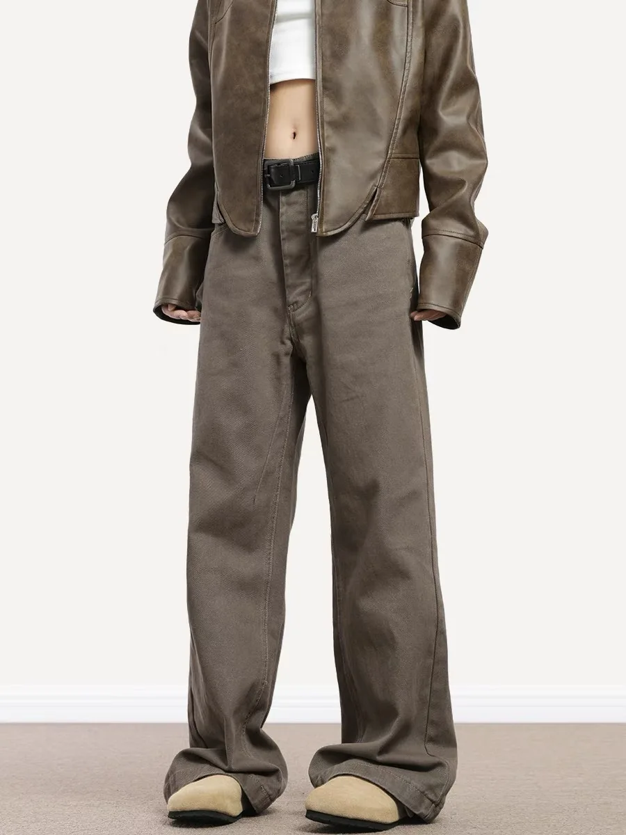 

Ретро кофейно-коричневые свободные прямые джинсы с модными американскими аутиптическими брюками, молодежная повседневная износостойкая одежда