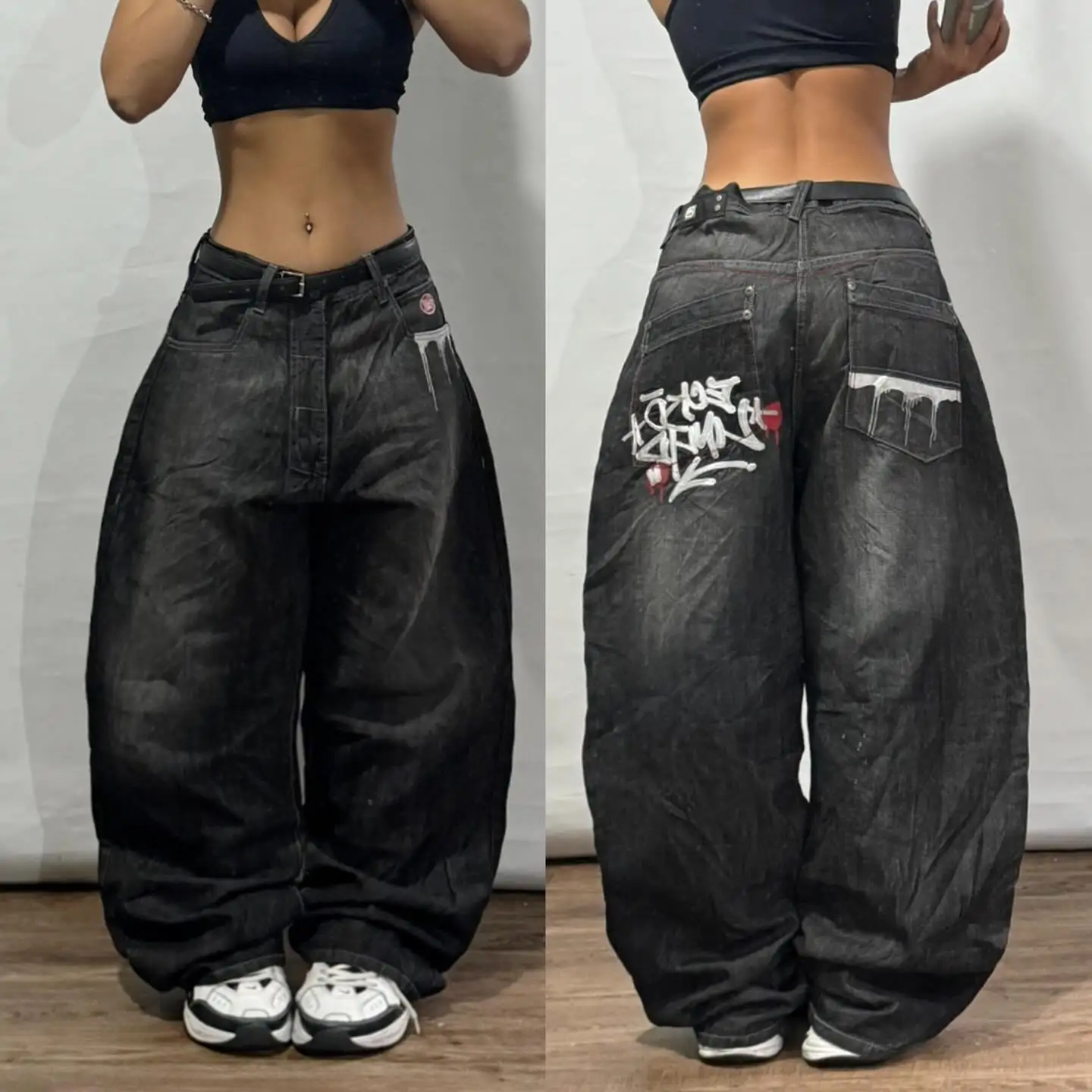 2024 New American Retro Skull Wings Embroidered Baggy Jeans Men And Women Y2K Harajuku Hip-hop Gothic Wide Trousers Streetwear