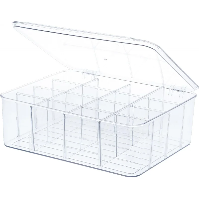 

Socks Bra Underwear Organizer, Storage Box with 16 Removable Compartments and Lid, Clear Dresser Drawer Orga