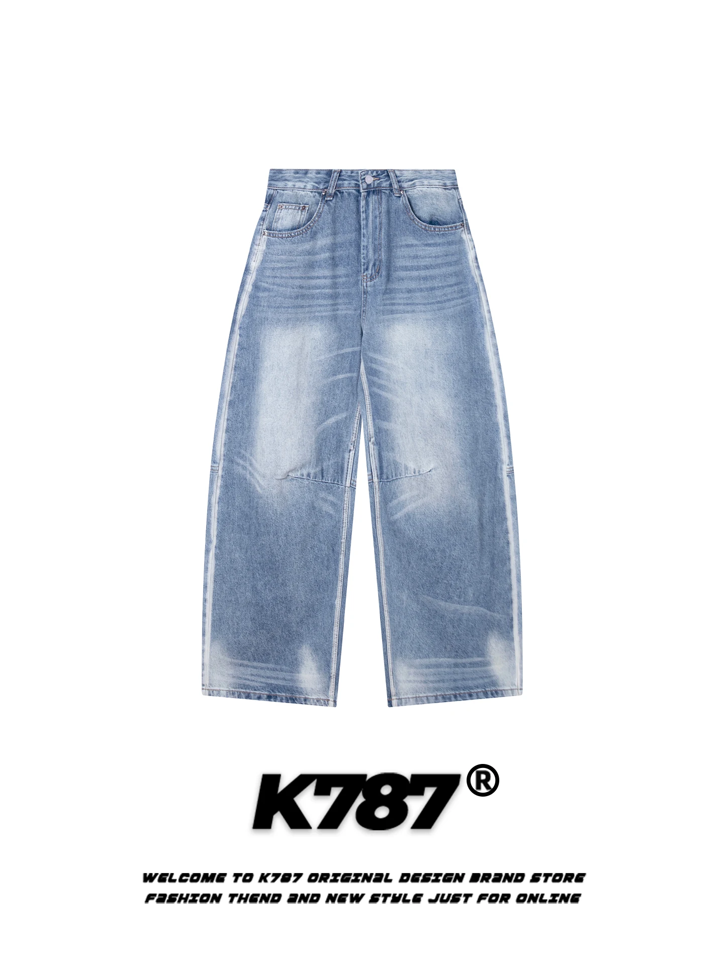

K787 American Sle Streetwear High Waist Wide Leg Jeans Men's Loose Fit Waed out Trendy Brand Casual Straight Cut Jeans