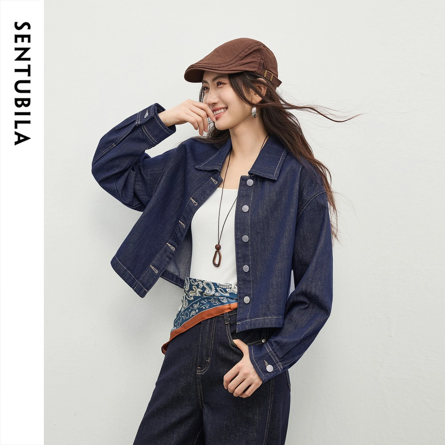 SENTUBILA Denim Jacket Women 2026 Spring Cotton Blend Casual Long Sleeve Cropped Denim Outerwear Women's Clothing W61WD6200