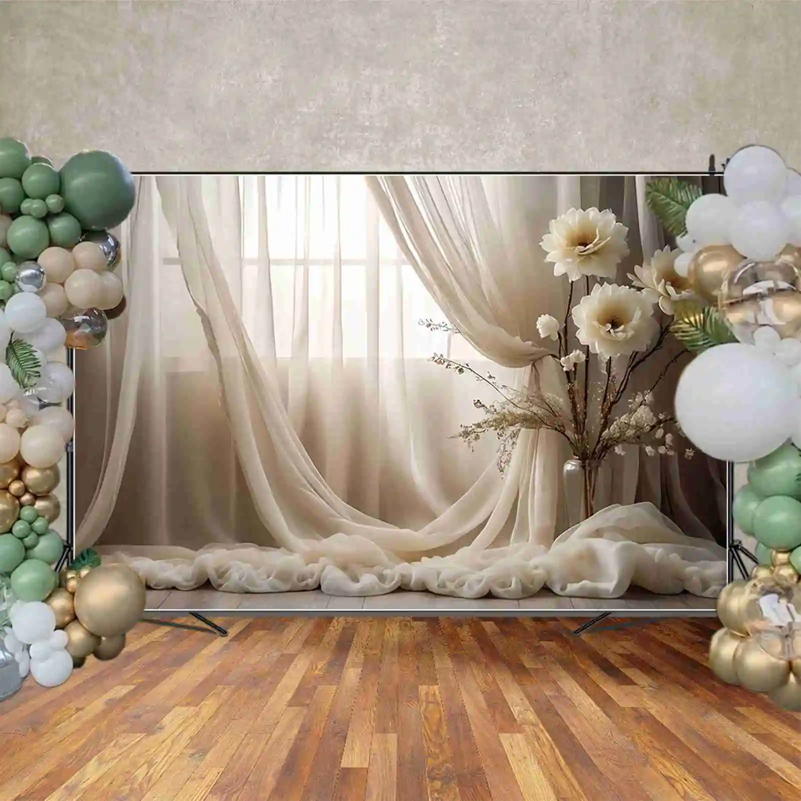 MOON.QG Women Portrait Bohemian Style Background Flower Drapes Curtain Backdrop Customized Party Decoration Photocall Supplies