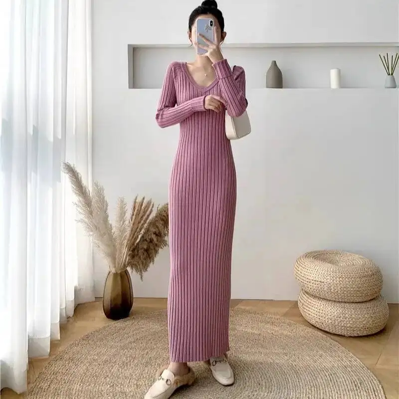 Vestido de tricô feminino 2025 outono inverno vestido de camisola feminino longo decote em v vestido de malha fino ajuste bodycon camisola vestido camada interna