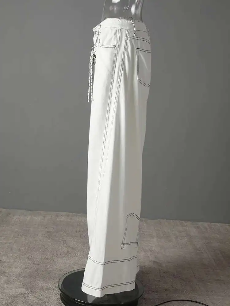 ZMEENNA 女性のホワイトワイドレッグジーンズハイウエストルーズフィットデニムパンツコントラストステッチカジュアルストレートファッション ZM3273