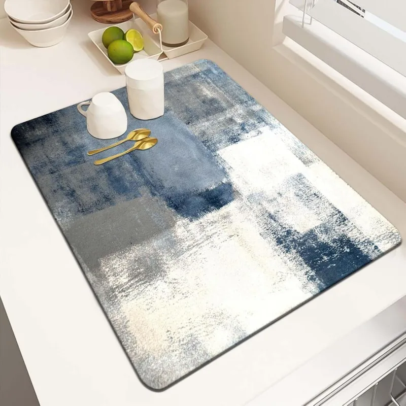 Super Absorbent Abstract Dish Drying Mat Quick Dry Kitchen Countertop Protector Pad Blue Marble Coffee Maker Mat Non Slip