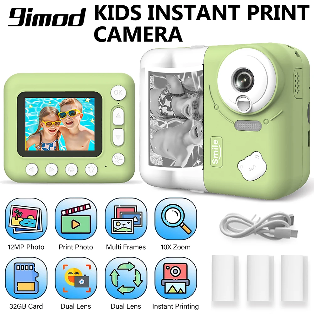 

Детская камера 9IMOD, камера с мгновенной печатью, 2,4 дюйма, 1080P, детская цифровая фото-видеокамера, игрушки с 10-кратным цифровым зумом, TF-картой