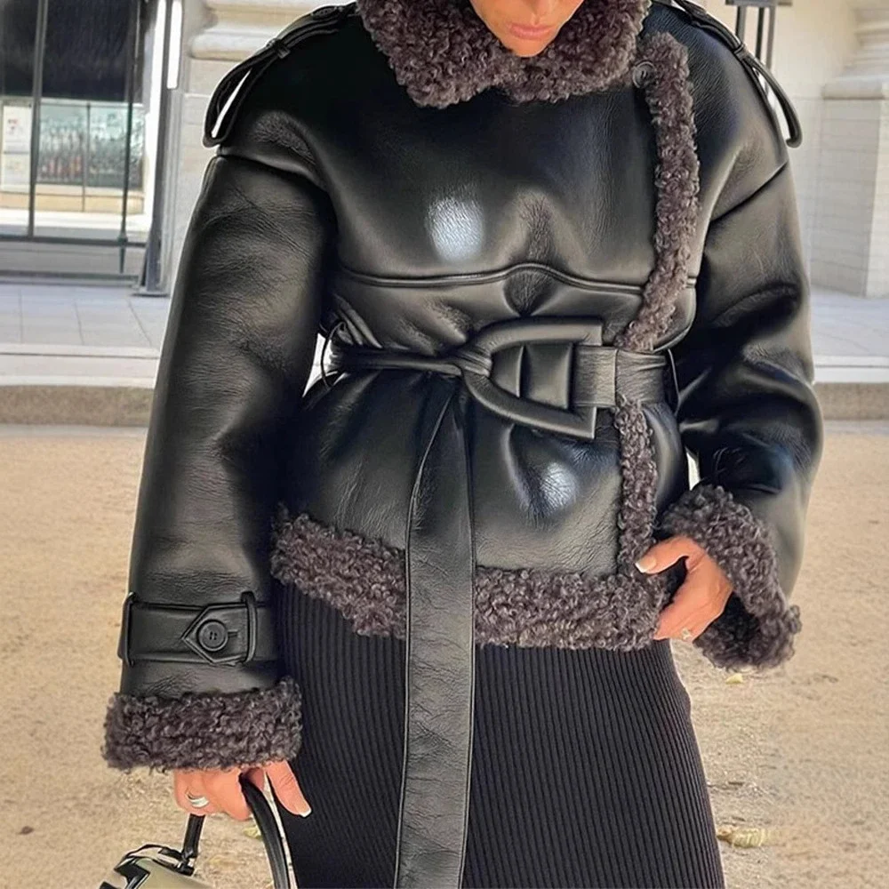 Faux PU Leather Coats Women Mid Length Thick Warm Coat Turn Down Collar High Waist Belt Maxi Jackets Outerwear Autumn Winter