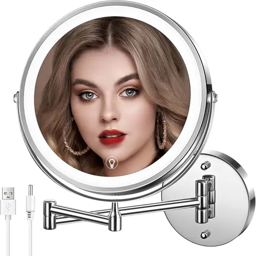 Espejo de maquillaje de baño montado en la pared de 8 ""con luz de 3 colores, espejo iluminado con aumento de doble cara 1X/10X espejo LED para afeitar