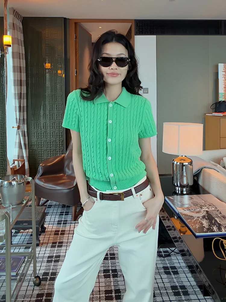 

Вязаный кардиган Le Samedi Vintage Rainbow Twist с коротким рукавом, приталенный, из мягкого хлопка средней плотности, для летнего повседневного образа, с отложным воротником