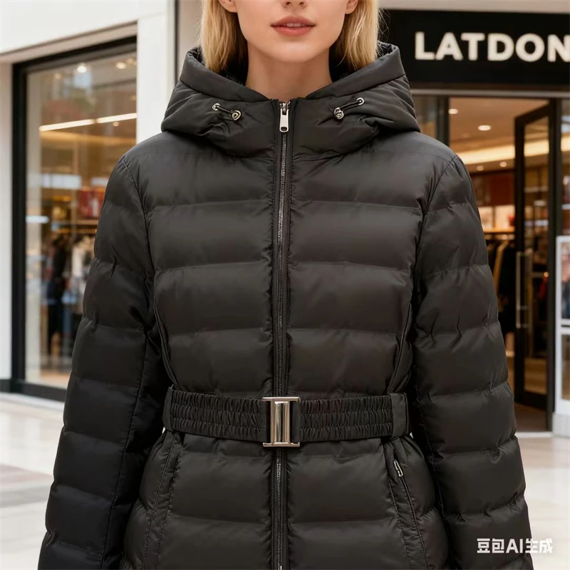 Chaqueta de algodón con capucha y cinturón para mujer, abrigo acolchado ajustado, abrigo cálido de invierno negro y gris oscuro