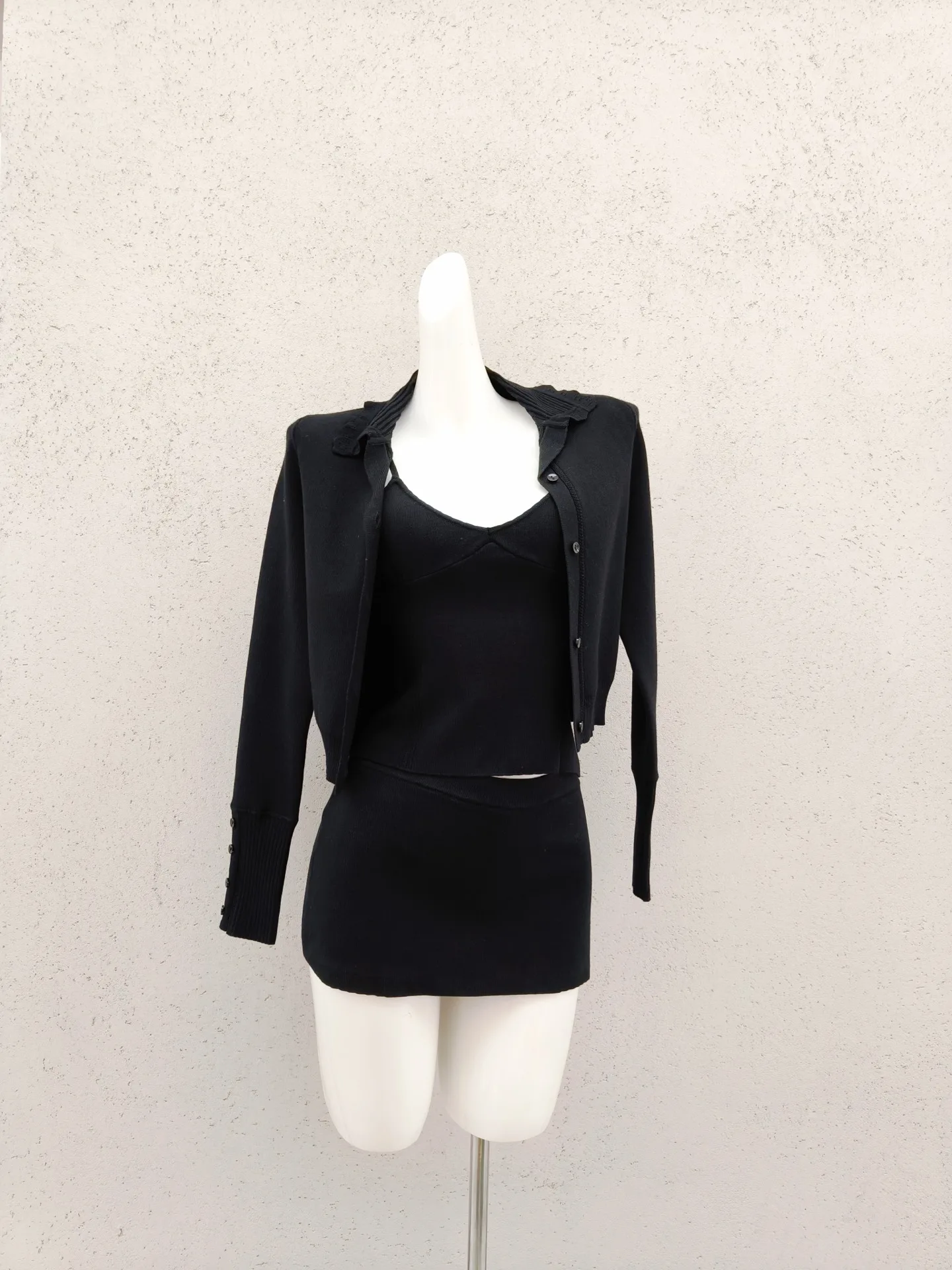 Women V-Neck Sleeveless Sling Top + Elastic Waist Shorts + Long Sleeve Single Breasted Cardigan Casual Knitted Set