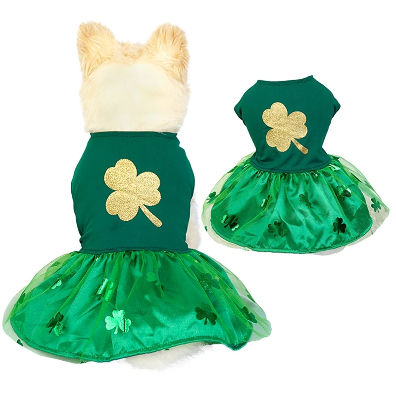 Green Clover Puppy Dog Dress St Patrick Day Pet Dog Tulle Skirt with Bowtie Lucky Clover Holiday Dresses for Small Dogs Cats