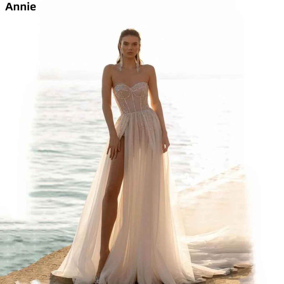 

Annie Gorgeous And Shiny فساتين السهرة Tube Top Vestidos De Noche Side Slit Party Banquet Custom Prom Dress