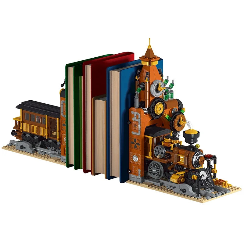 MOC 028005   Technische stad Steampunk trein boekensteun model met licht bouwstenen bakstenen montage speelgoed kerstcadeaus voor kinderen