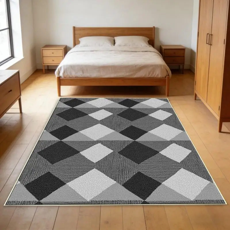 Black Grey Marble Gold Frame Checkered Diamond Rectangular Commercial Floor Rug Welcome Decor For Game Room