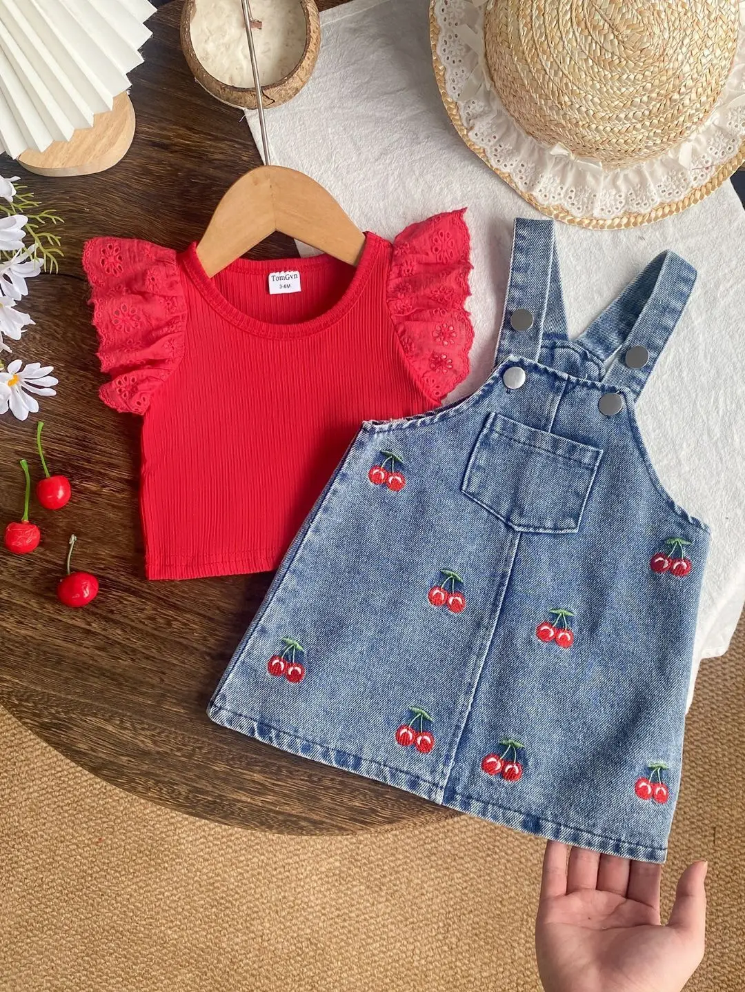 Baby Girl Cherry Embroidered Denim Suspender Skirt Set, Hollow Lace Sleeve Sweet and Cute NewRomper, Soft Denim Fabric,  Summer
