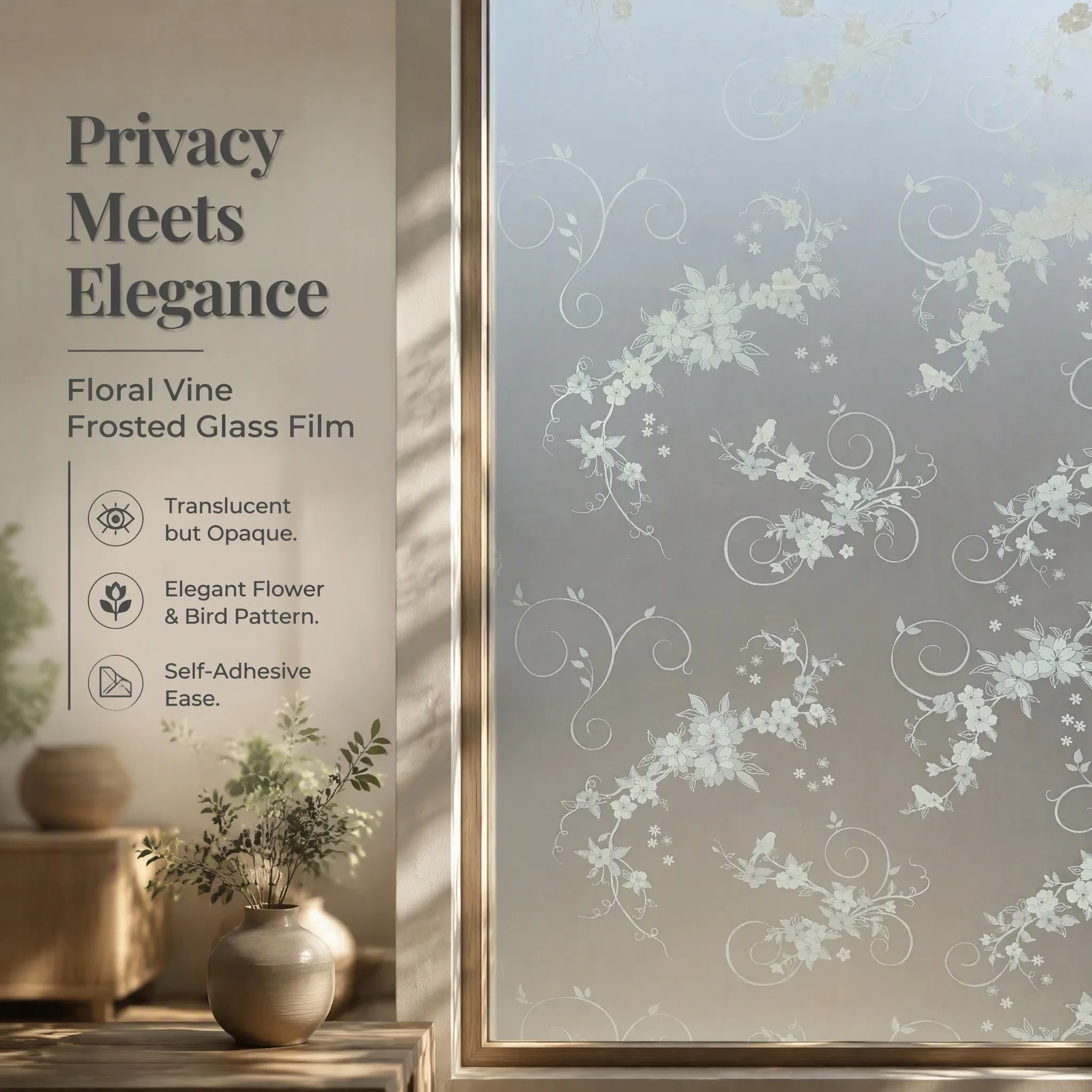 Floral Bird Vine Self‑Adhesive Window Film Frosted Privacy Glass Sticker Anti‑Peeping UV Block Removable Window Decal